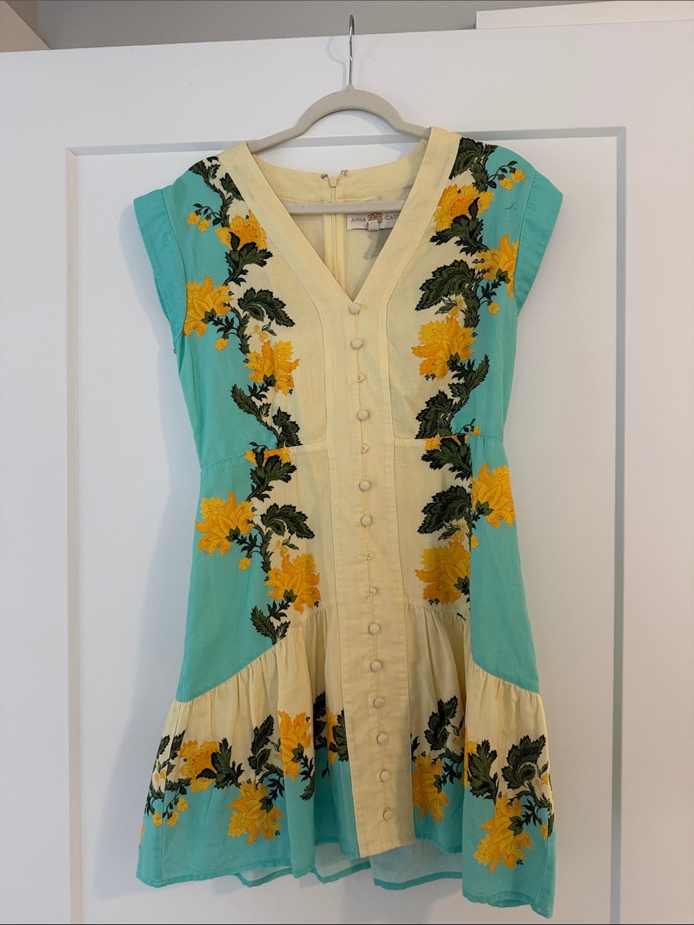 ANNA CATE Floral Embroidered V-Neck Dress - Yellow & Teal- missing buttons